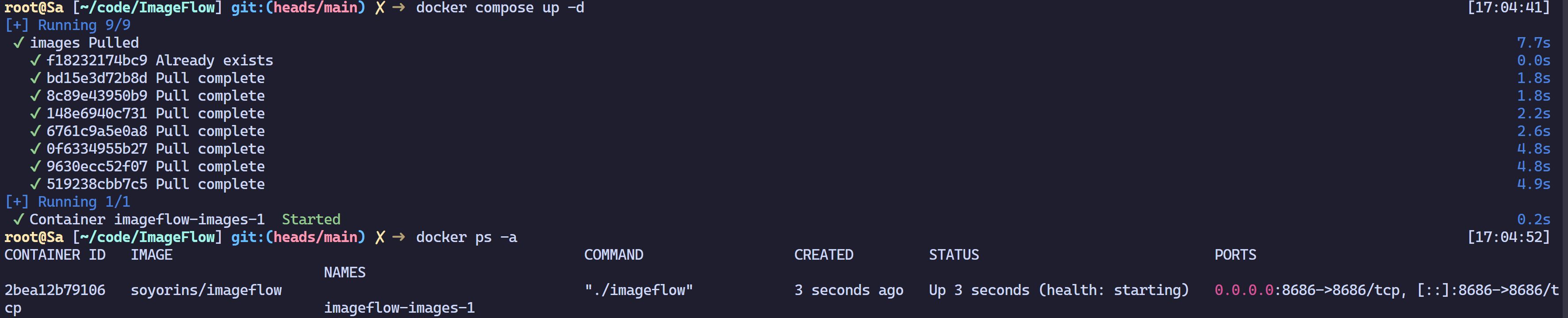 Docker终端显示docker compose和ps命令输出
