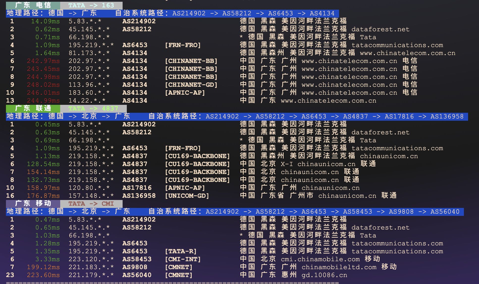 江苏到广东三种网络路径跟踪结果