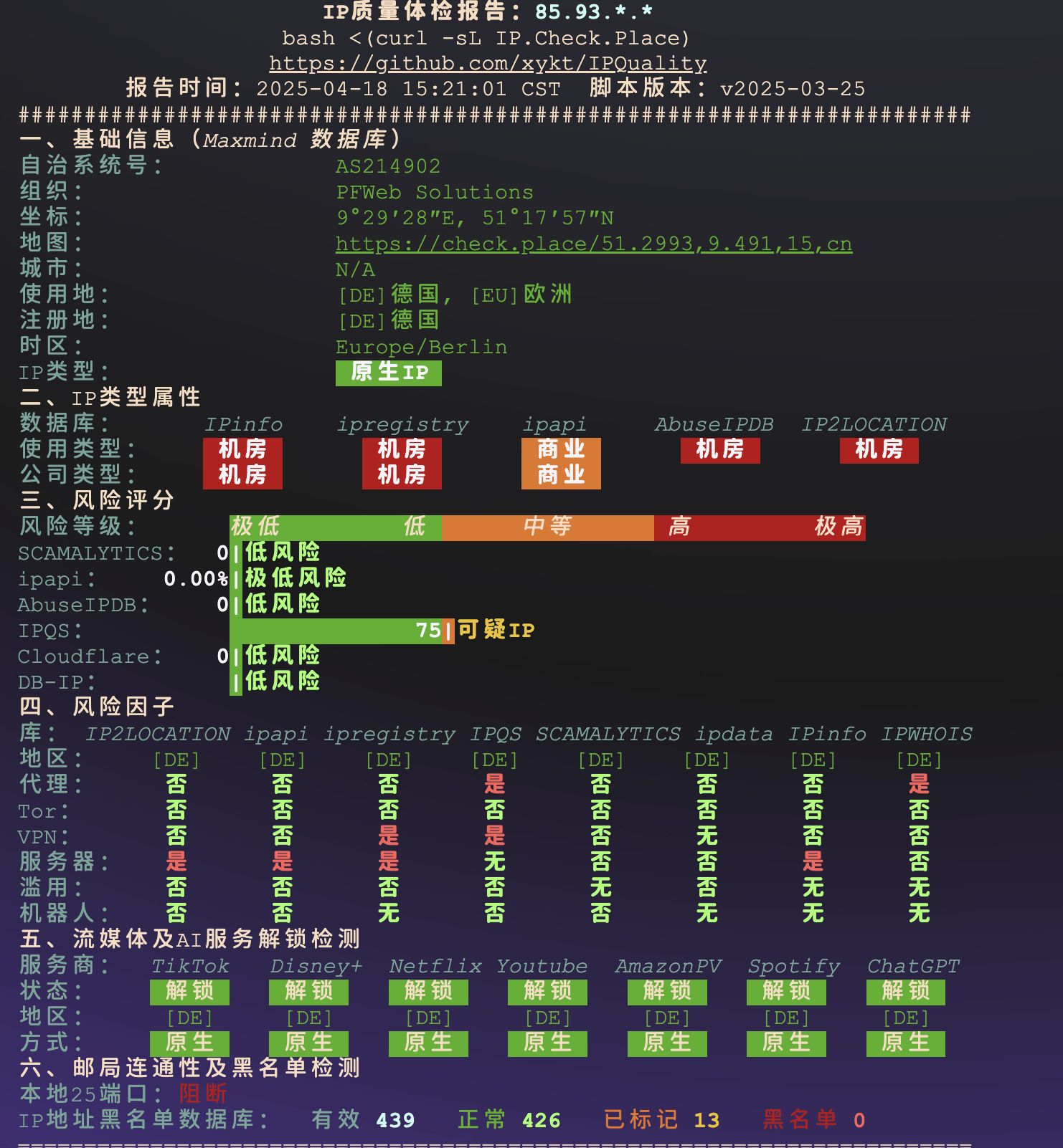 IP质量报告，风险评估，德国位置数据。